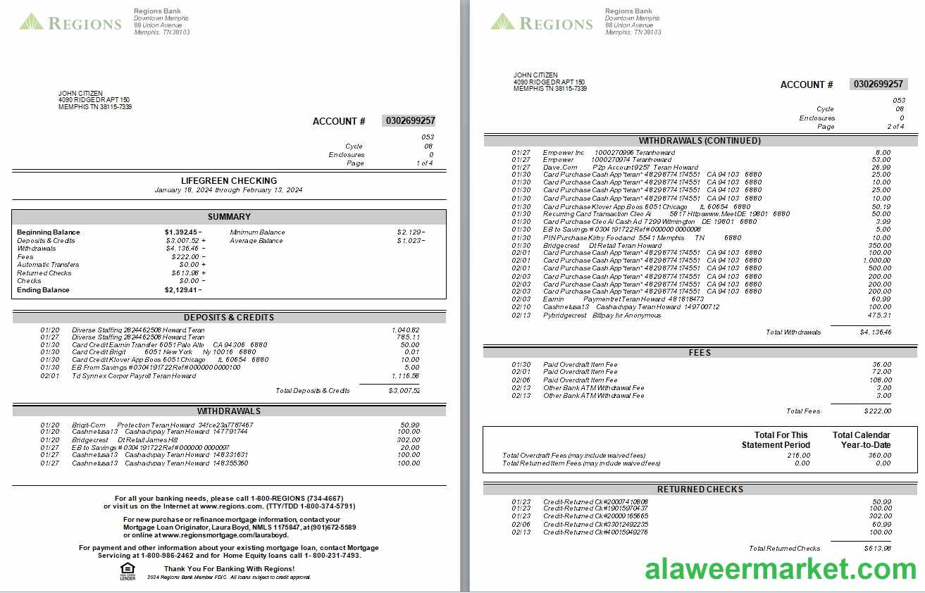 USA Tennesse Regions bank statement, 4 pages, version 2 scr